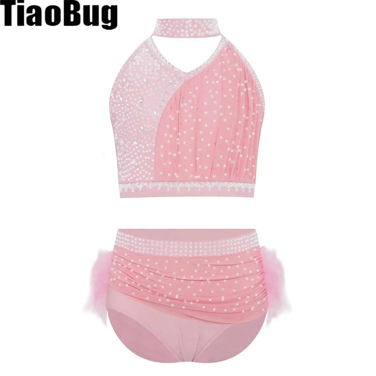 

Girls Ballet Dance Sets Lyrical Performance Costume Cross Back Rhinestones Crop Top with Feather Briefs Skirt Gymnastics Suits