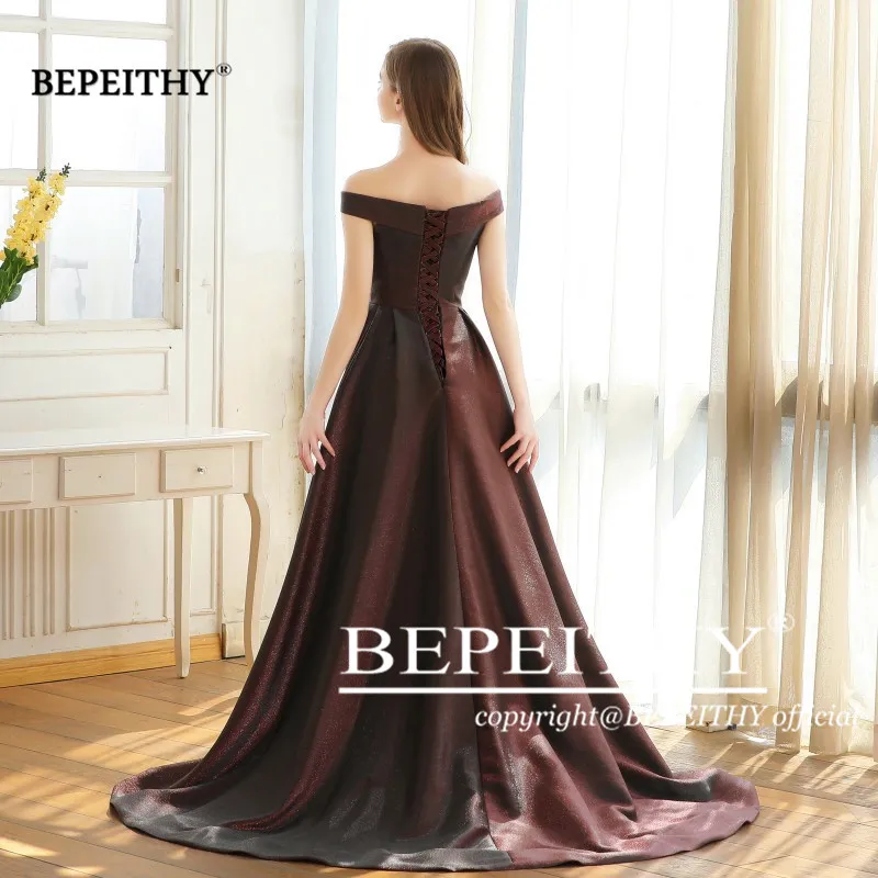 BEPEITHY Customized Off The Shoulder Long Prom Dress Sexy High Slit Red Glitter Reflective Cocktail Dresses 2023 Robe De Soiree