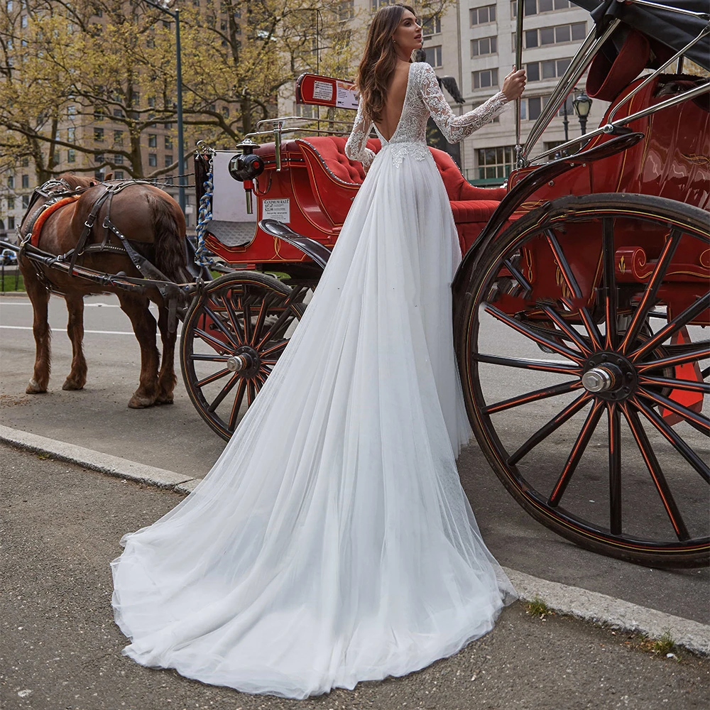 Flavinke-Vestido De Novia De corte en A con cuello en V, traje De Novia De manga larga con apliques De encaje, abertura lateral alta, Espalda descubierta, 2024