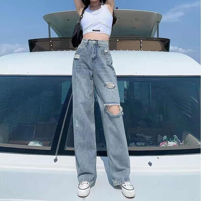 Gidyq Streetwear Ripped Jeans Women Fashion Loose Wide Leg Pants Summer Casual All Match Female Korean Straight Denim Trousers