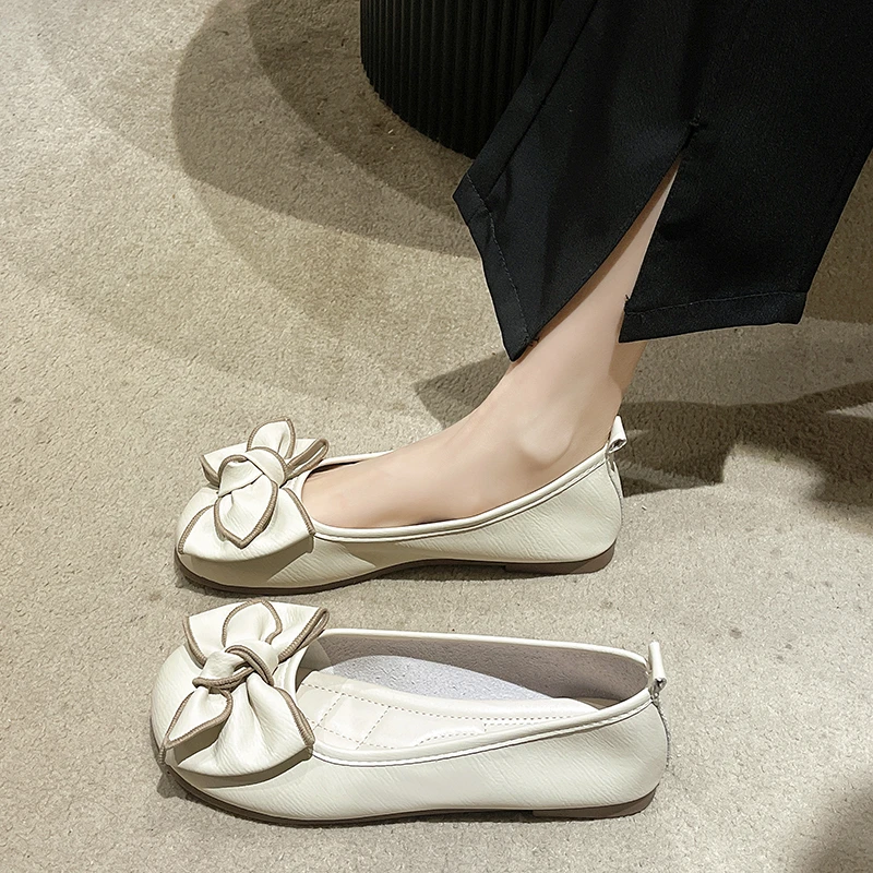 Preciosos zapatos planos dulces para mujer, zapatos informales sin cordones con punta redonda para mujer, zapatos planos con plataforma con nudo de mariposa sólido de talla grande