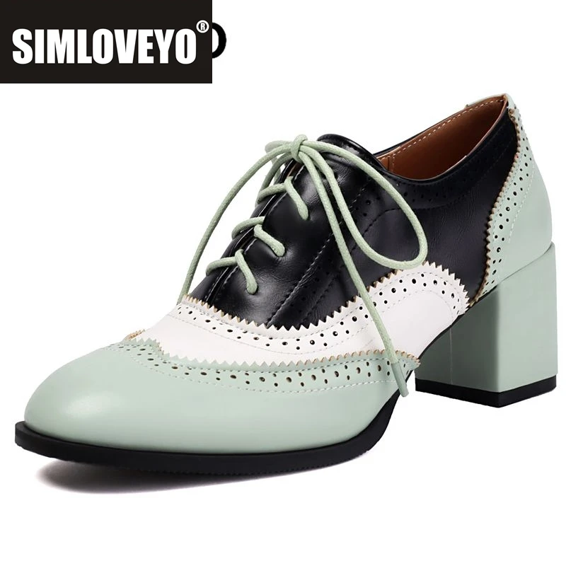 

SIMLOVEYO Mixed Color Women Shiny Pumps Round Toe Block Heels 6cm Lace Up Large Size 46 47 48 Leisure Daily Office Lady Shoes