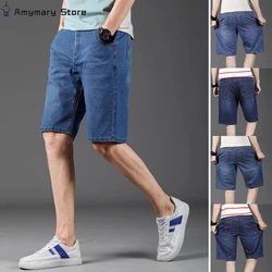 Pantalones cortos de mezclilla para hombre, pantalón informal, suelto, con múltiples bolsillos, recto, hasta la rodilla, elástico, verano, nuevo