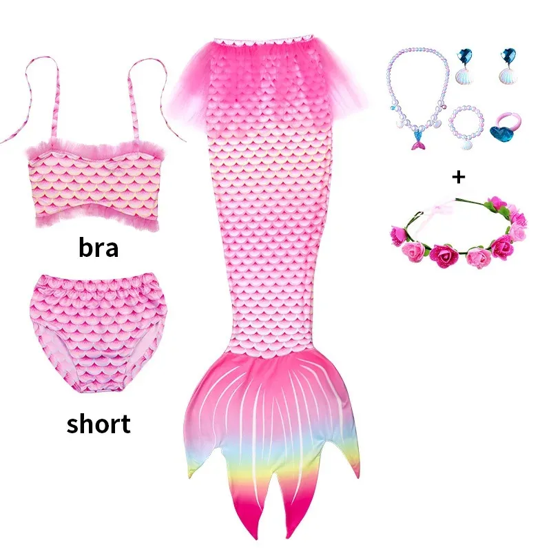 3-12 Years Girl Mermaid Swimsuit with Headwear Jewelry Beach Pool Party Cosplay The Little Mermaid Costume Swimming Bathing Suit