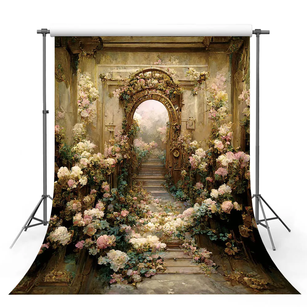 

Mehofond Retro Oil Painting Photography Backdrop Newborn Baby Flower Garden Gold Arch Door Wonderland Background Photo Studio