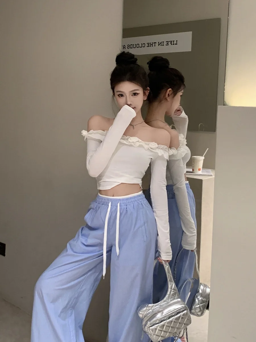 2024 wiosna/lato nowy biały trójwymiarowy kwiat głęboki kołnierzyk Top dla kobiet wiosna jednolity kolor prosta bluzka dla kobiet