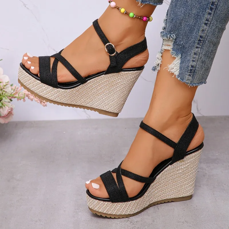 Zapatos de cuña a la moda para Mujer, sandalias con plataforma de tacón alto y hebilla para Mujer, sandalias sexis de estilo bohemio para Mujer 2024