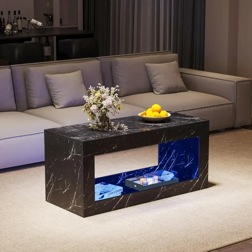 

Coffee Tables, Modern High Gloss Marble Print Center Table with Open Storage and LED Lights for Living Room, Coffee Tables