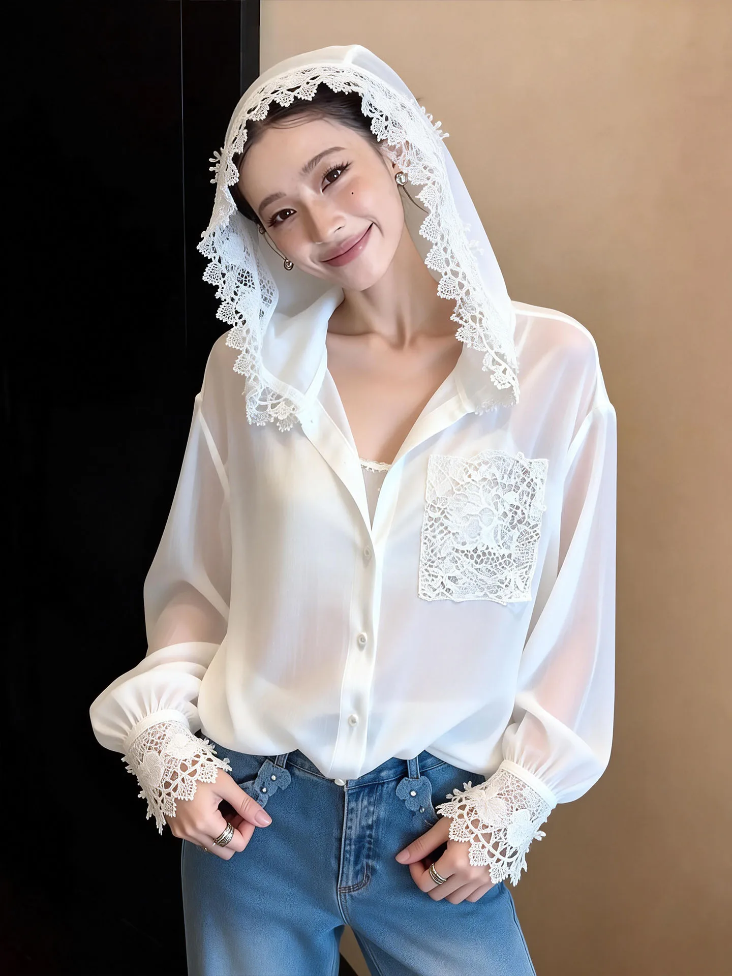 

White Hooded irt Thin Luxury Sensation Sun Protection Spring New Sle Ele Top Women's Loose Fit Long Sve Color