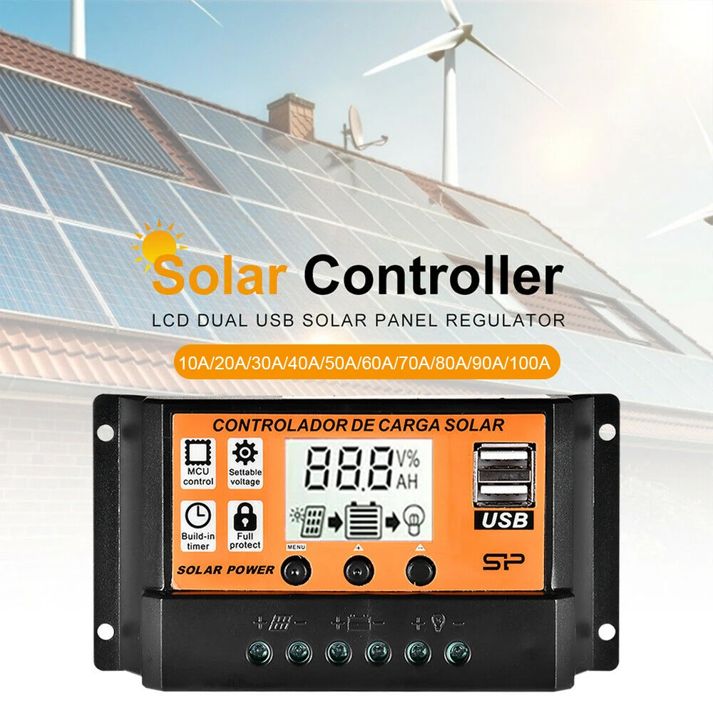 MPPT Solar Charge Controller 30A 50A 100A Solar Controller Solar Panel Battery Regulator Dual USB 5V LCD Display