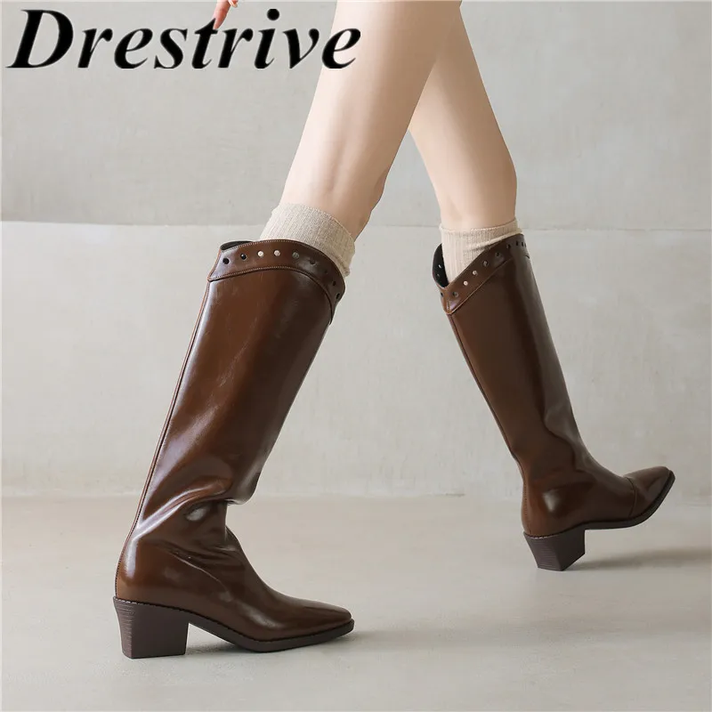Drestrive 2025 Fashion Women's Knee High Boots Pointed Toe Laminated Split Leather Waxing Handmade Winter Shoes