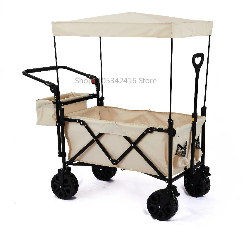 Collapsible Folding Beach Camping Wagon with Canopy Brake Heavy Duty Portable for Outdoor Picnic Travel Storage TransportTrolley