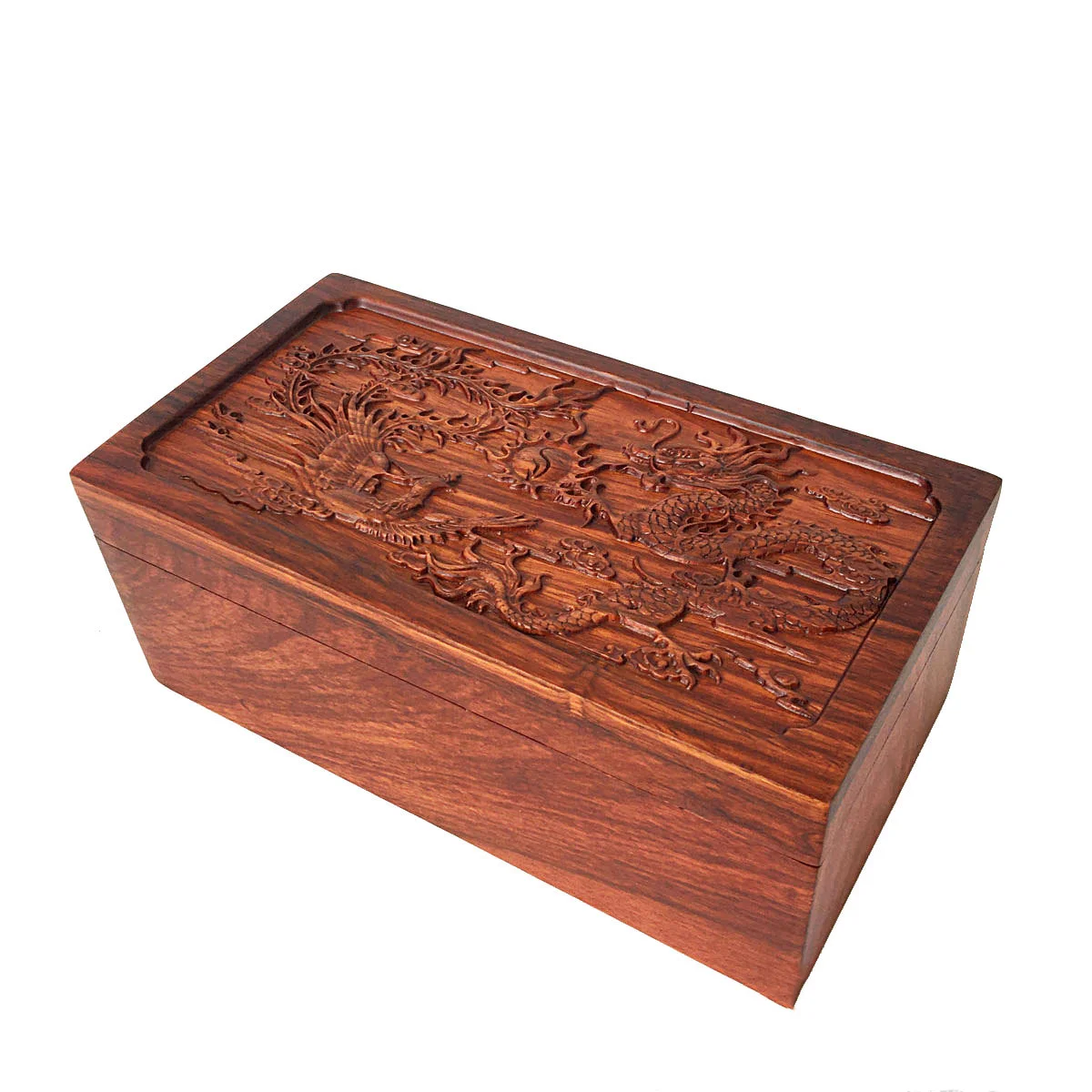 Extra Large 19.5cm Wooden Dragon and Phoenix Jewellery Box Mahogany Pearwood Jewellery Storage Carved Embossed Necklace Box