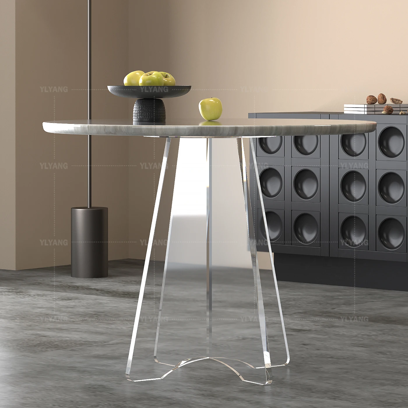 

High transparent cross suspended acrylic table legs factory custom table feet round support round rock slab dining table b