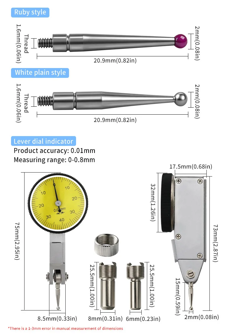 0-0,8mm Hebelmessuhr mit Messfühlern, Mechanischer Mikrometer, Messwerkzeuge, Messuhr für Innenmessungen, Prüfinstrumente – Detail 2