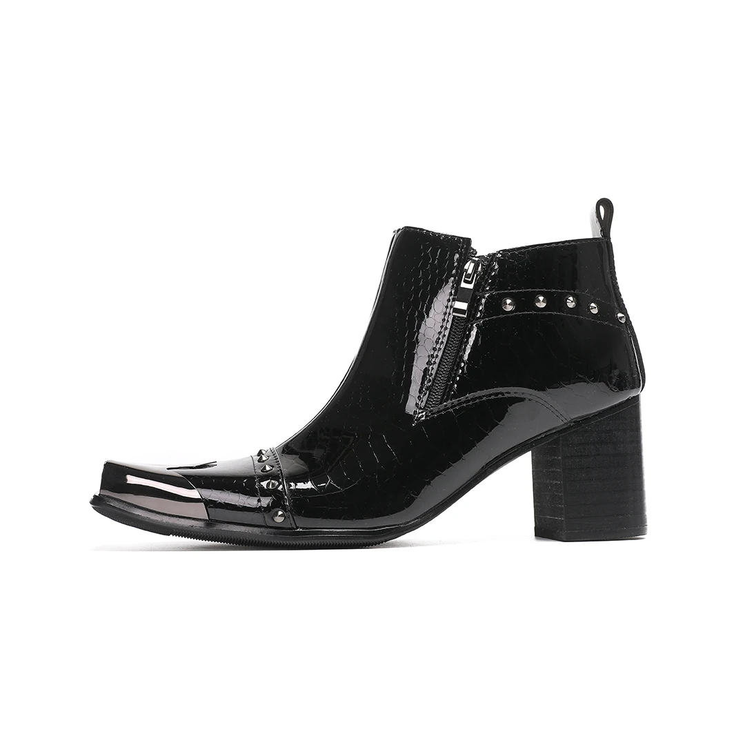 Men's Chelsea Boots Patent Leather Metallic Square Toe Side Zipper Genuine Leather Snake Print Studded High-Heeled Boots