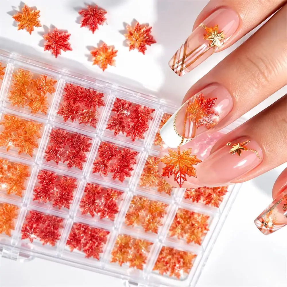 24Grids Autumn Nail Decorations Maple Leaf 3D Resin Red Orange Yellow Aurora Glitter Nail Charms for DIY Nail Art Design Decor