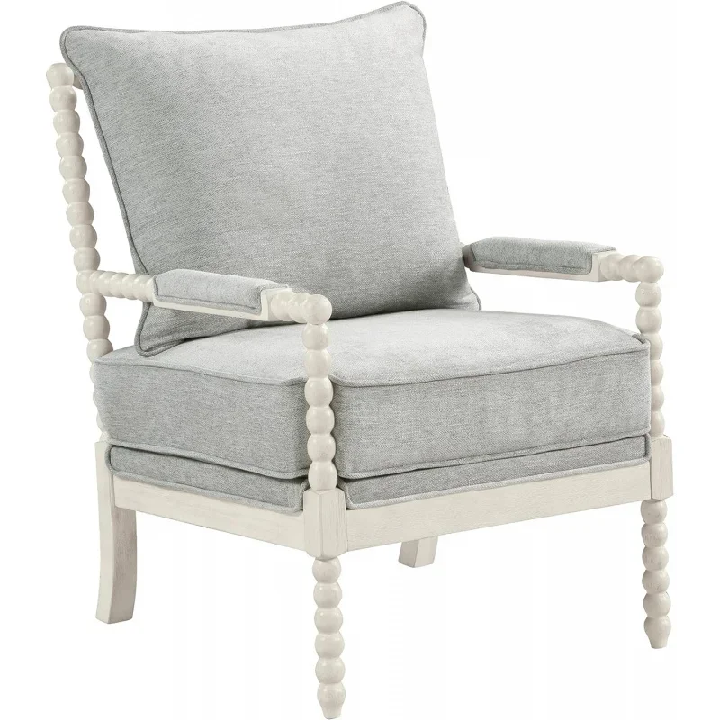 Kaylee Spindle Accent Chair with Antique White Wood Frame, Smoke Grey Fabric