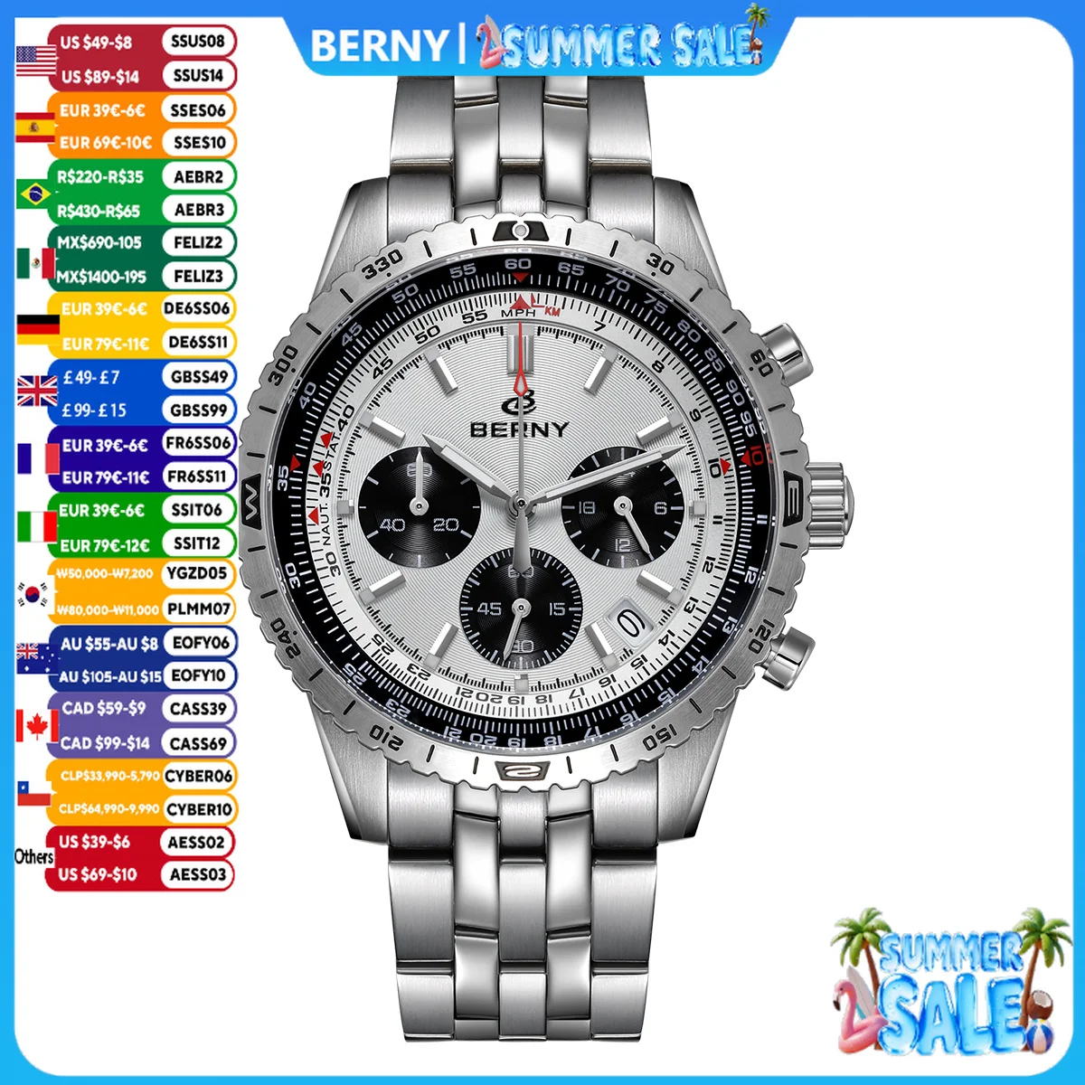 BERNY Chronograph Watches for Men Aviation Multifunction Quartz Men\'s Watch Date Sapphire Super Luminous Luxury Wristwatch