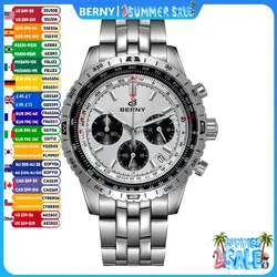 BERNY Chronograph Watches for Men Aviation Multifunction Quartz Men's Watch Date Sapphire Super Luminous Luxury Wristwatch