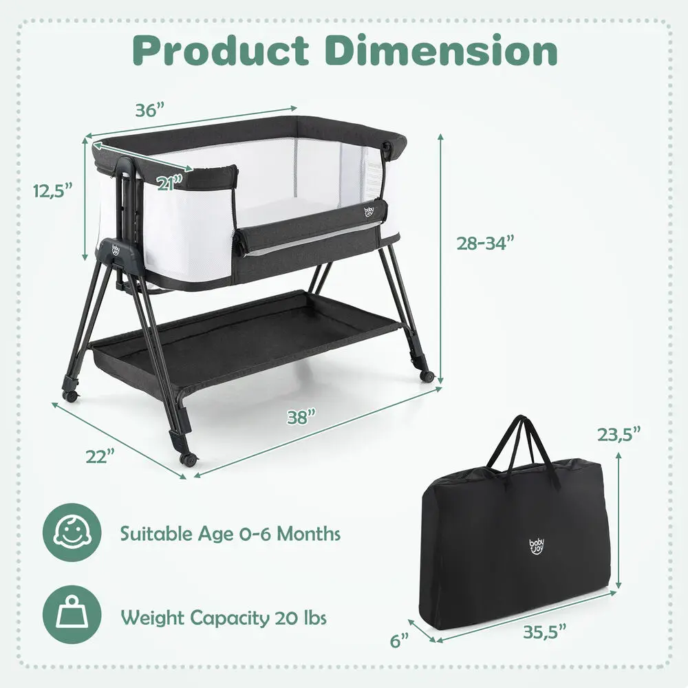 Babyjoy Baby Bedside Sleeper Bassinet w/ Wheels & Storage Tray Folding Adjustable Crib