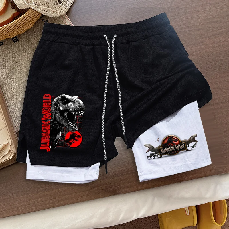 Jurassic Parks Double-layer Shorts Summer Men's Loose Sport Breathable Pants Fashion Print Fitness Running Clothes Birthday Gift