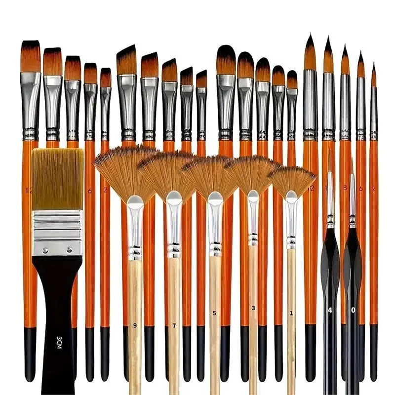 28/32Pcs Paint Brush Set For Acrylic Painting Premium Nylon Bristles With Round Filbert,Flat,Fan,Angle,Fine Detail Brush