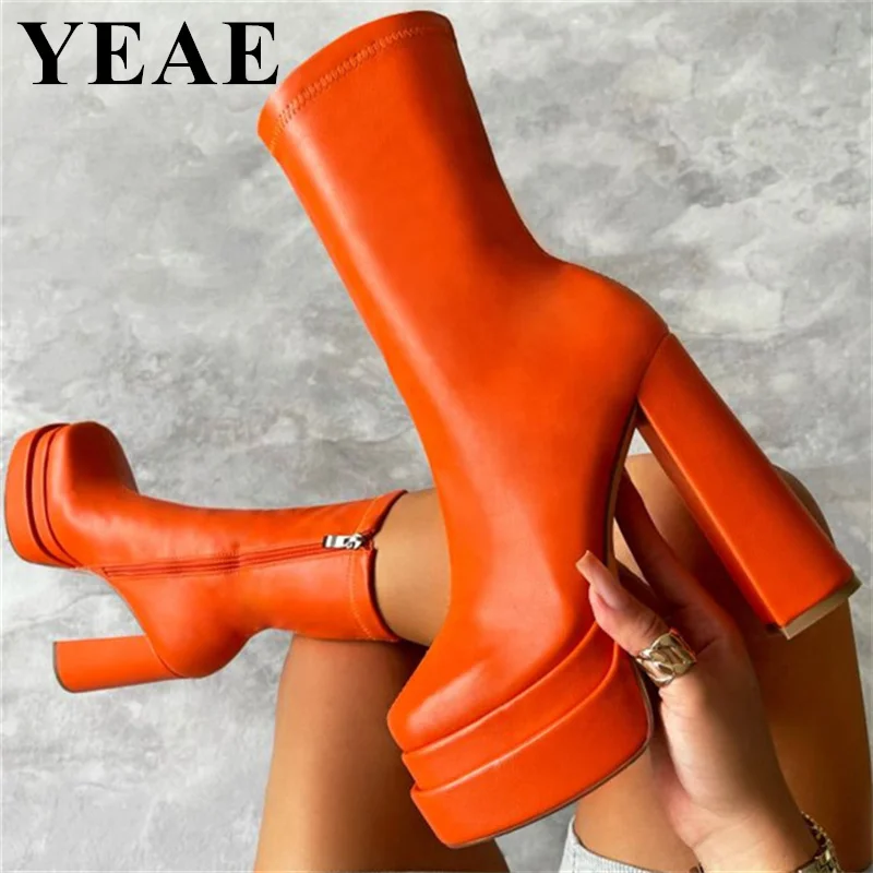 Spring Autumn Women Chunky Heel Ankle Boots Thick Sole Stretch Platform Boots Fashion High Heels Casual Shoes 2023 Plus Size 46