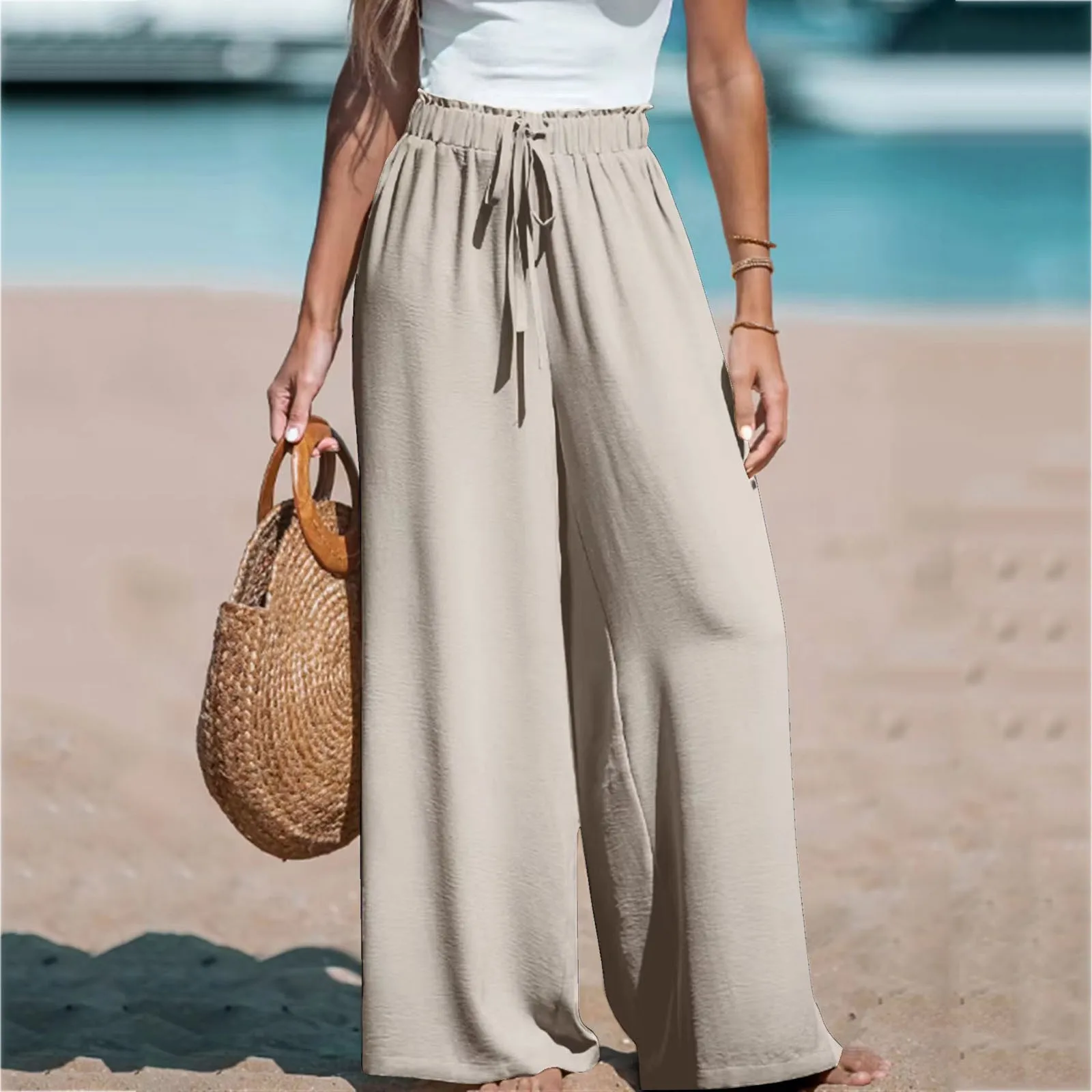 Womens Floor Length High Waist Wide Leg Pants  Drawstring Loose Fit Slight Strech Females Trousers Fashion Basics Womens Pants