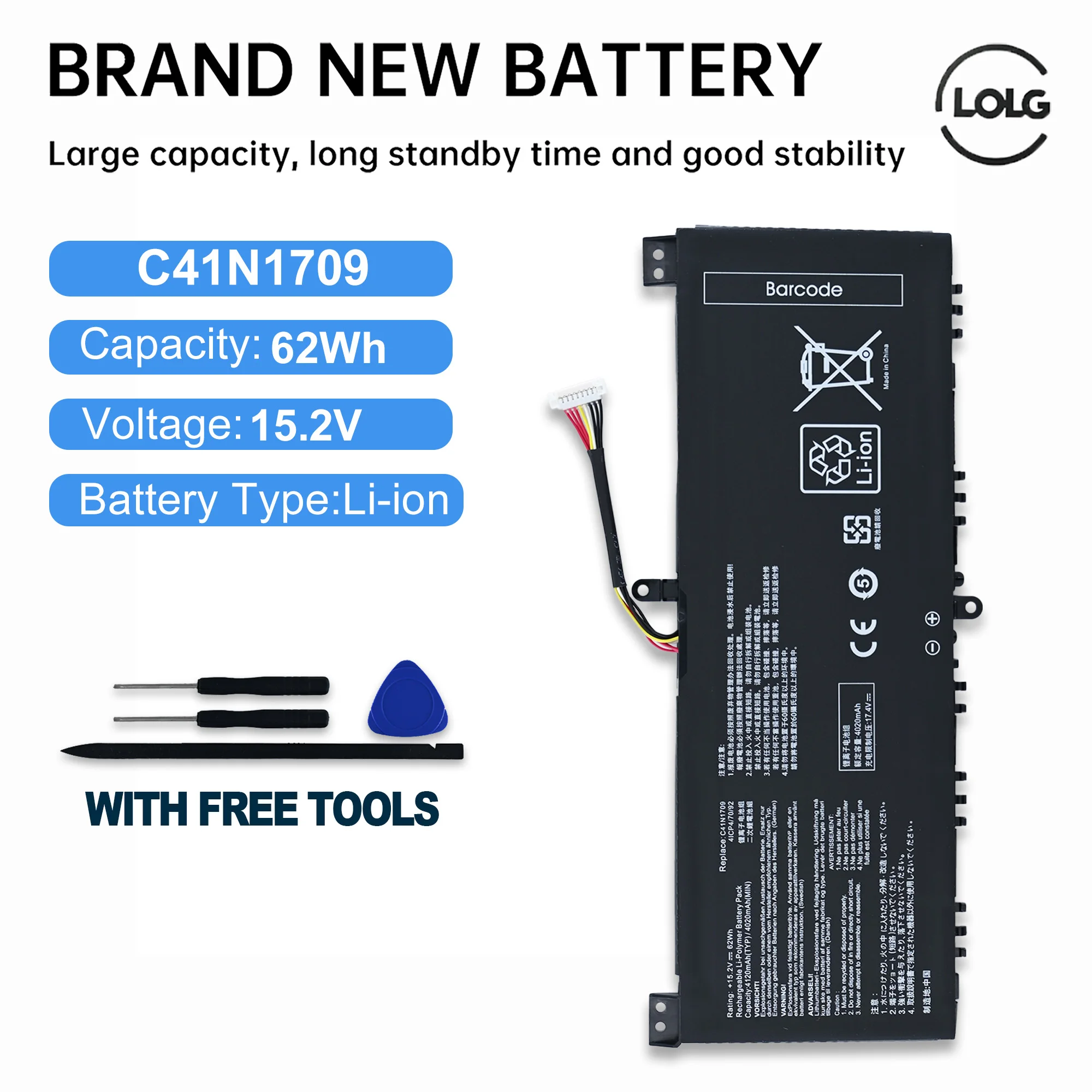 LOLG C41N1709 15.2V Laptop Battery For ASUS ROG STRIX GL503VS-0041A7700HQ EI081T EI005T EI049TEI028T EI034T EI067T high Quality