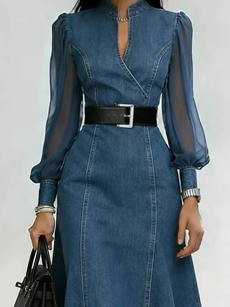 Streetwear Denim A-Line Dress Summer Women Tulle Puff Long Sleeve See Through V Neck Maxi Dresses Vintage Jean Dress With Belt image 5
