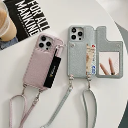 Zipper Wallet Makeup Mirror Crossbody Lanyard Case For iPhone 16 15 14 Pro Max 13 12 11 XR XS 7 8 Plus Card Slot Leather Cover