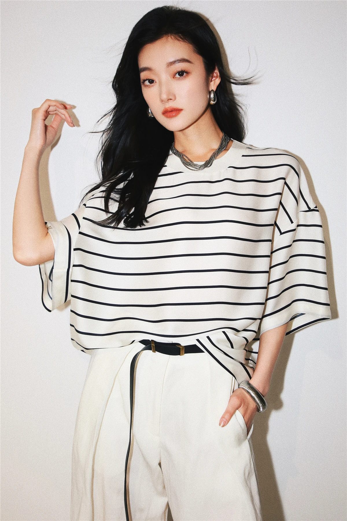 Camiseta holgada de seda ort Sve para mujer, Top redondo acanalado con estampado de rayas, novedad de otoño