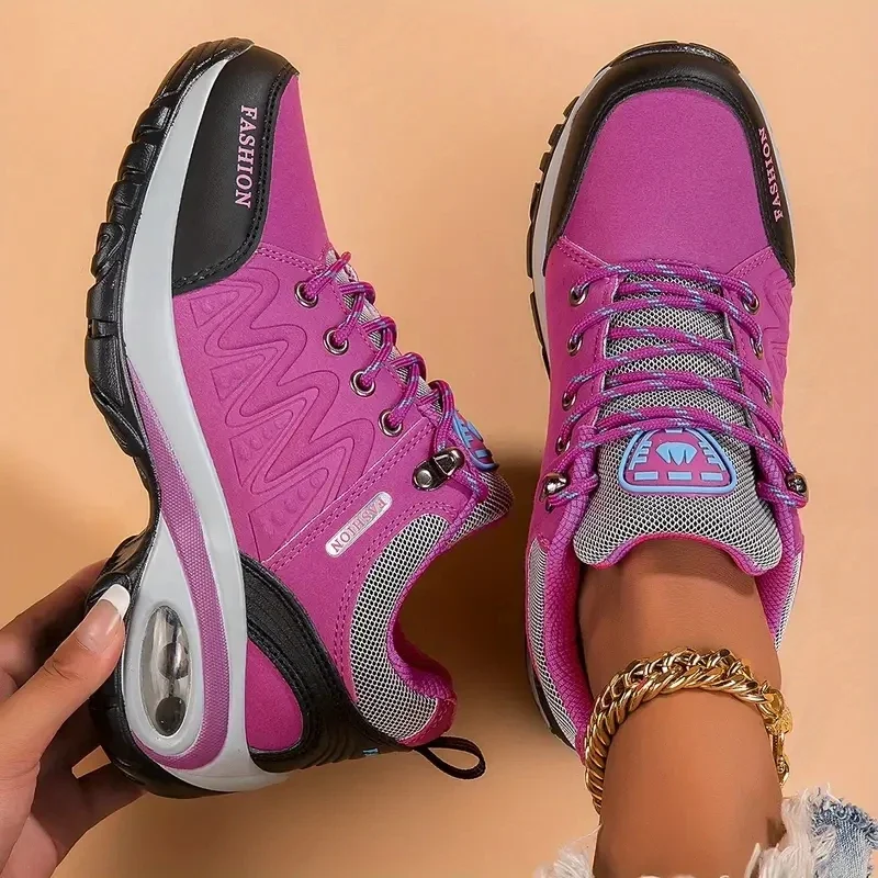 Zapatos casuales antideslizantes y transpirables para mujer, zapatillas de senderismo con aumento de altura, diseño de malla rosa, zapatos para correr con absorción de impacto