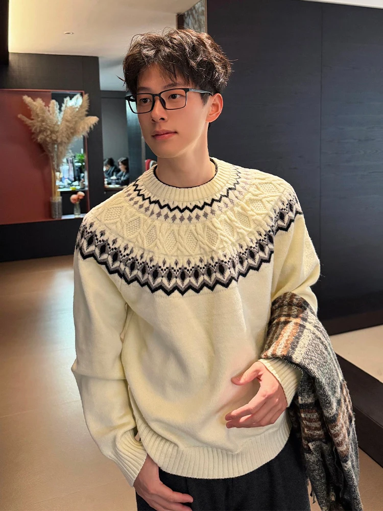 

Мужской свитер American Sle Fair Isle с круглым вырезом, осенне-зимняя верхняя одежда, повседневный свободный крой, мягкая смесь полиэстера