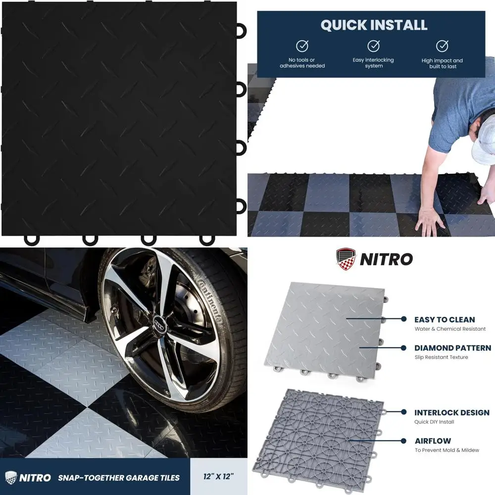 بلاط أرضية جراج بلاستيكي متشابك غير قابل للانزلاق، بلاط 12 × 12 معًا لتنظيم المرآب، سهل التركيب، متين