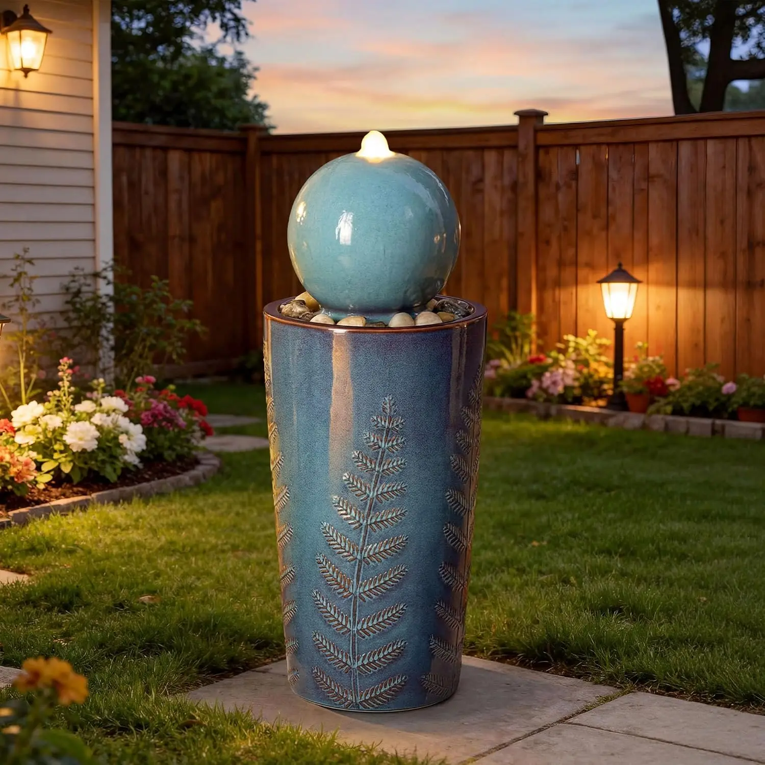 Teal Glazed Ceramic Sphere Fountain With Leaf Pattern Pebbles And LED Light