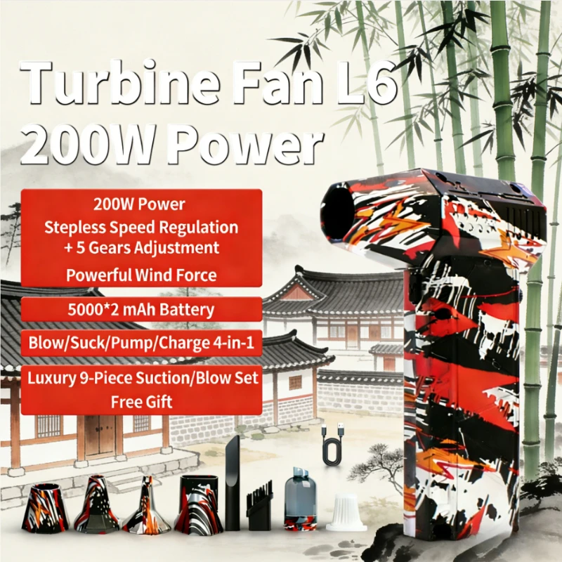 

Турбинный вентилятор L6 высокой мощности 200 Вт: 4 функции (повышение/насос/насос/зарядка) + двойная батарея, долговечная мощность + аксессуары из 4 предметов