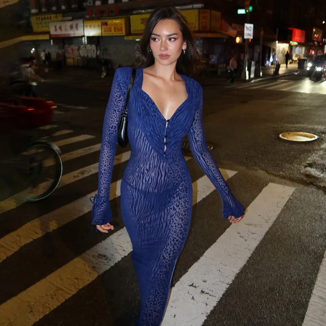 Bangniweigou sexy leopard print royal blue mesh robe women deep V-neck slim mesh long-sleeved dress evening see through gown