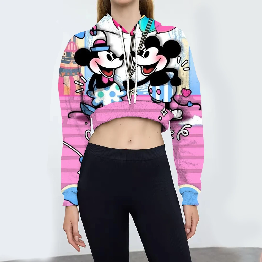 Street Women Sweatshirts Disney Minnie Mickey Mouse print Hoodies Crewneck Loose Pullover Female Cropped Tops Clothes