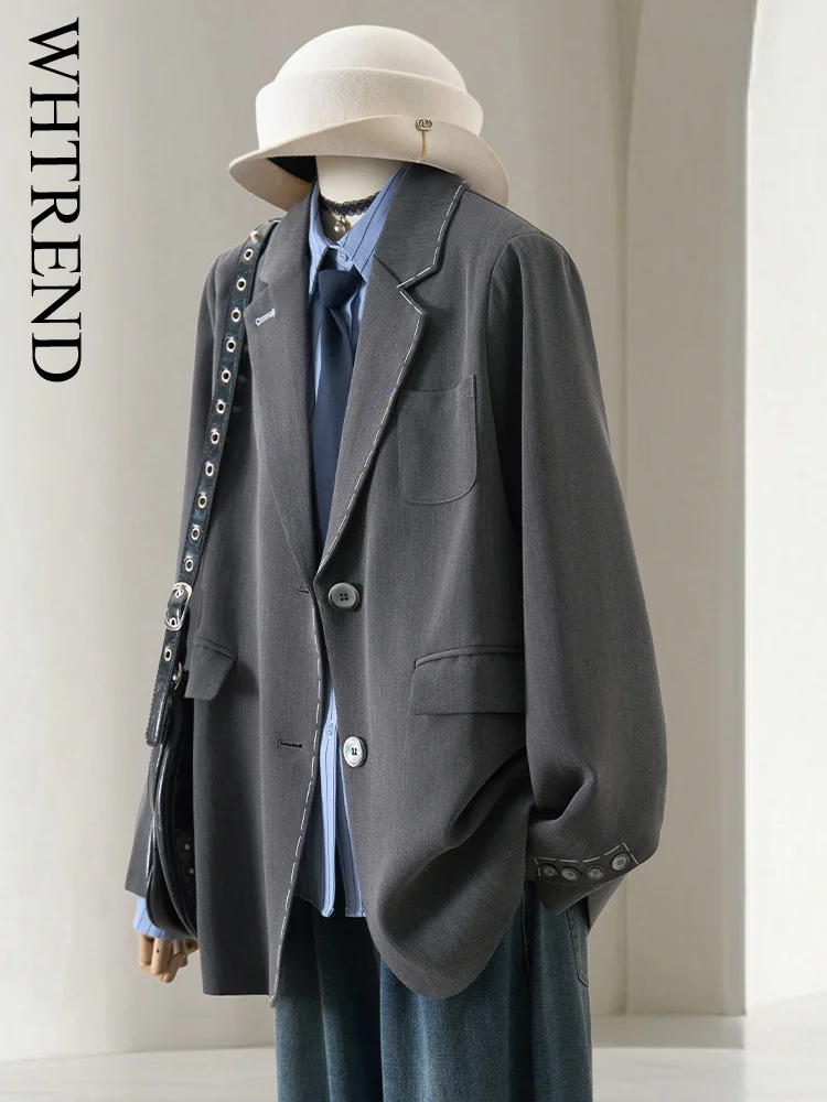 

WHTREND серый блейзер с длинными рукавами для женщин, осенний новый стиль, дизайн, однобортное модное пальто с зубчатым воротником WH1673