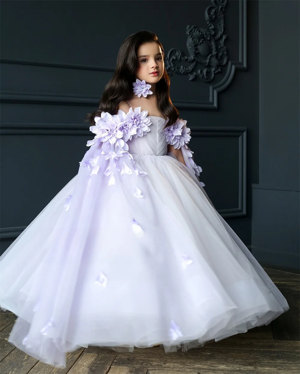 Customized Dearin Off-the-shoulder Ball Floor Length Skirts Draped Tulle Applique 3D Flower Girl Dresses