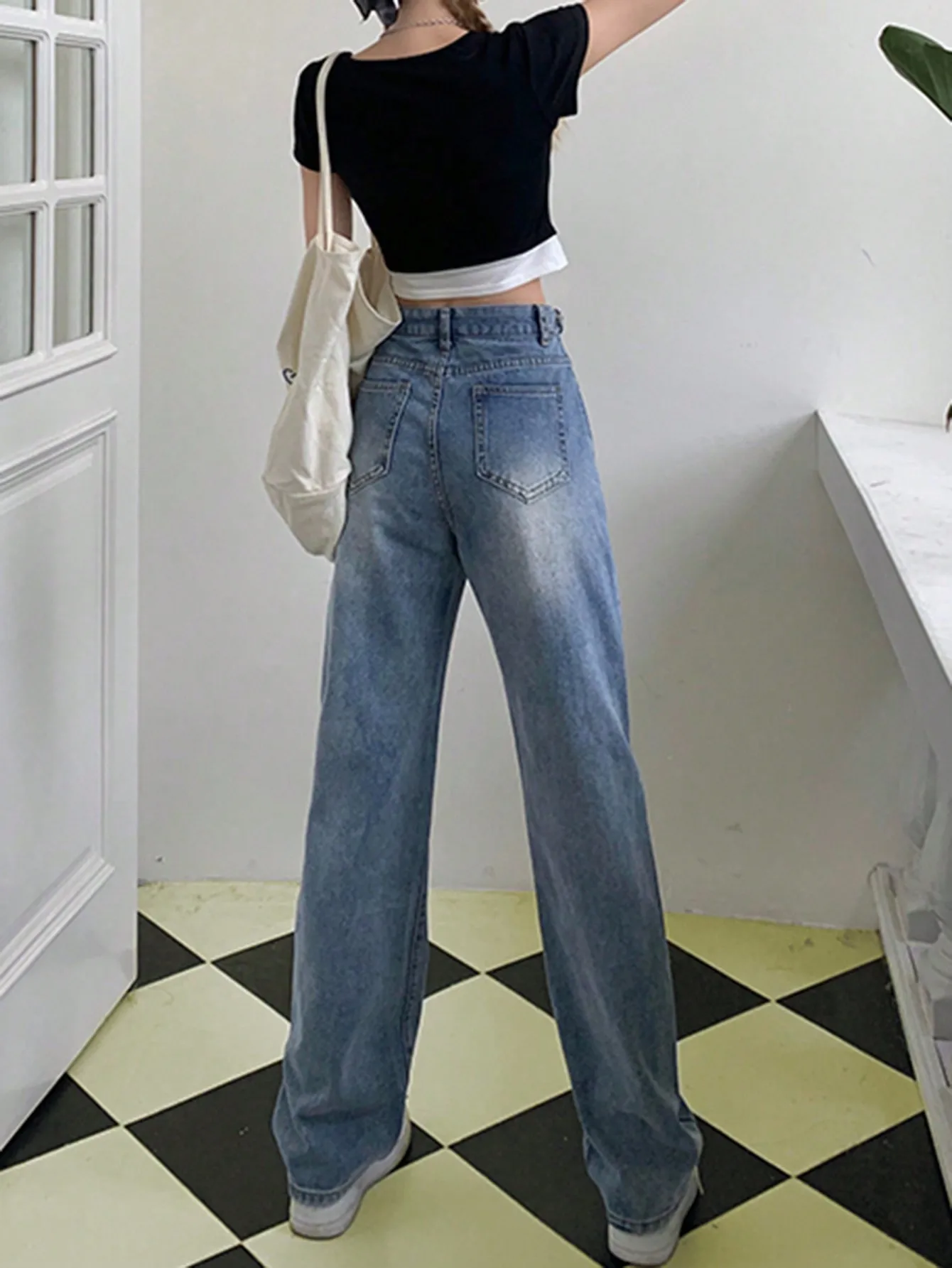 Korean Chic Autum Light Blue Washed White High-Waisted Jeans Narrow Version Pear-Shaped Body Covering Crotch Wide-Leg Pants for Women