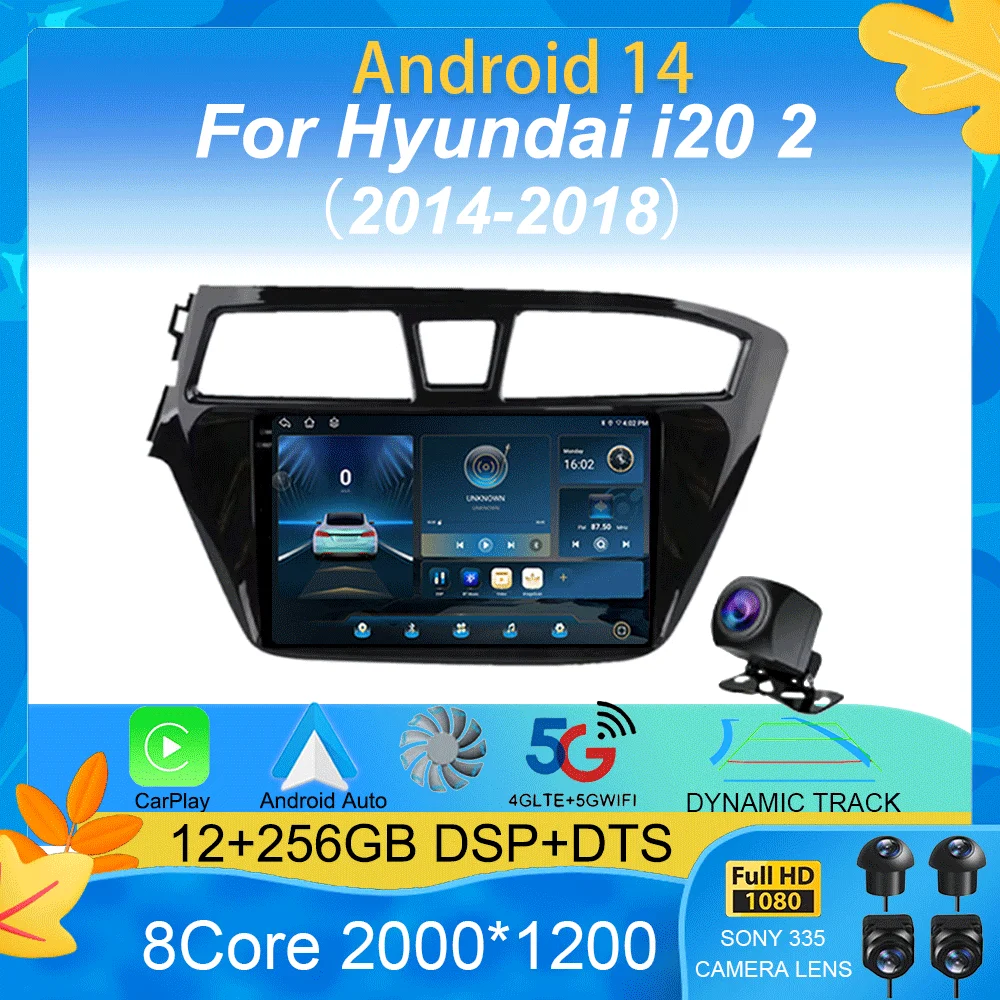 

Android 14 Автомобильный радиоприемник Carplay с экраном 2K, мультимедийный видеоплеер для Hyundai i20 2 II GB 2014-2018 2 din, авторадио, стерео