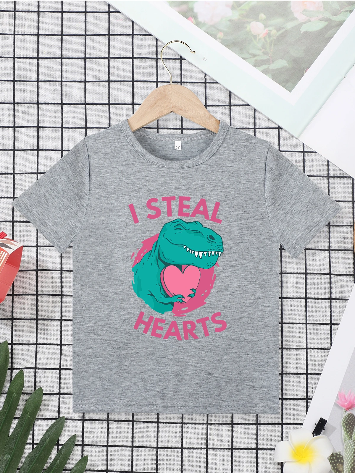 

I Steal Hearts Fun Cute Children Clothes Dinosaur Cartoon Fashion Unisex T-shirt Grey Versatile Summer Toddler Boy Girl T Shirt