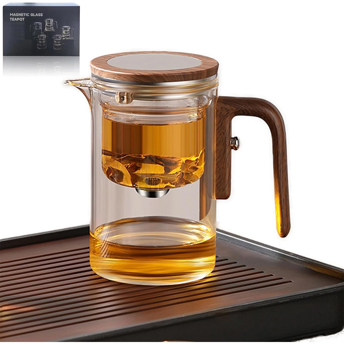 

1 Pc Enchanti Tea Pot Glass Kettle Teapot with Wood-like Handle One Click Switch Tea Filtration Teapots Tea Cup Set