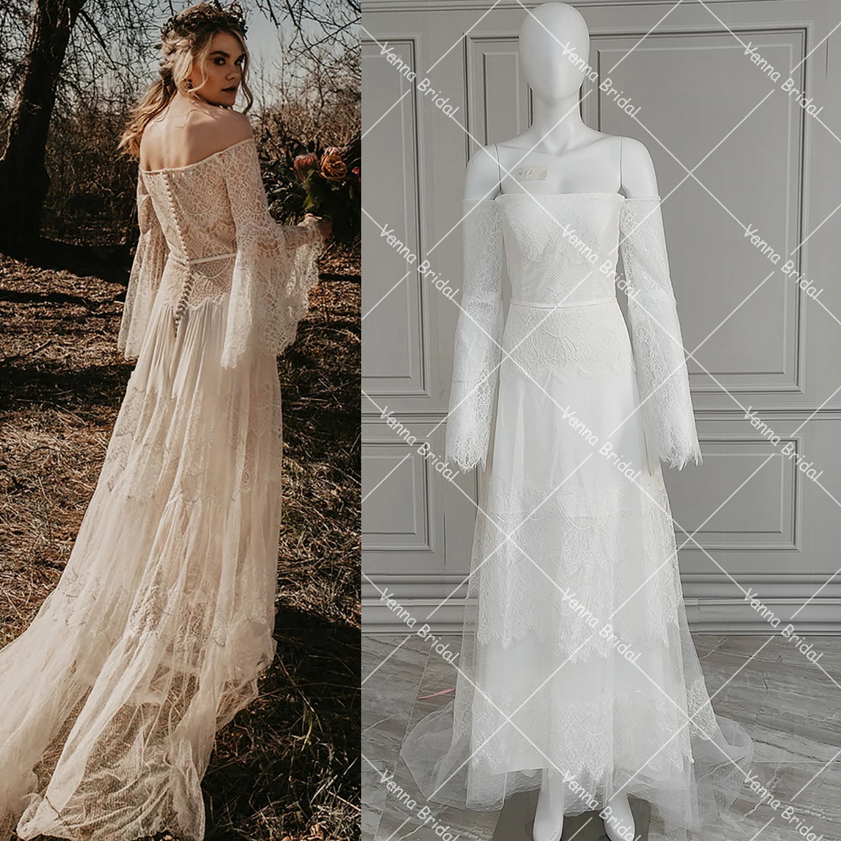 Customized Long Wide Flare Sleeves Boho Lace Off Shoulder Wedding Dress Plus Size Tiered Princess A Line Hippie Bridal Gown