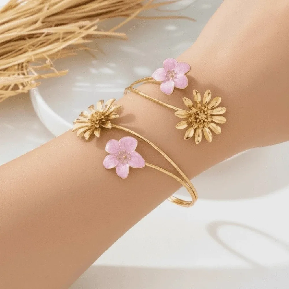 Enamel Glaze Flower Bracelet Adjustable Alloy Chrysanthemum Armlet Open Arm Bangle Cuff Exotic Style Apricot Blossom Armband