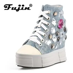 Fujin 13cm Denim Women Ankle Boots Platform Wedge Super Hight Heel Women Fashion Rhinestone Lace Up Spring Autumn Fashion Shoes