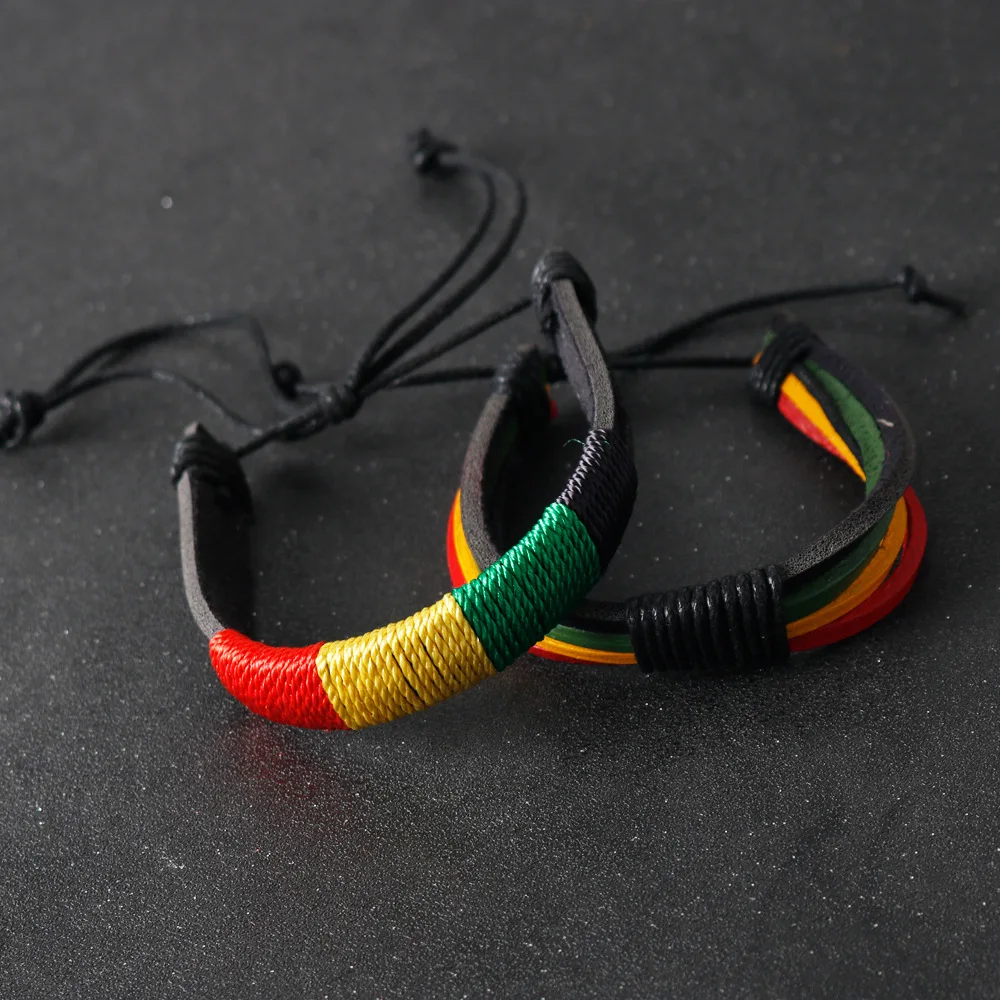 Jamaica Reggae braided leather bracelets multilayer adjustable red yellow green weave Wristband Punk Hiphop Jewelry accessories